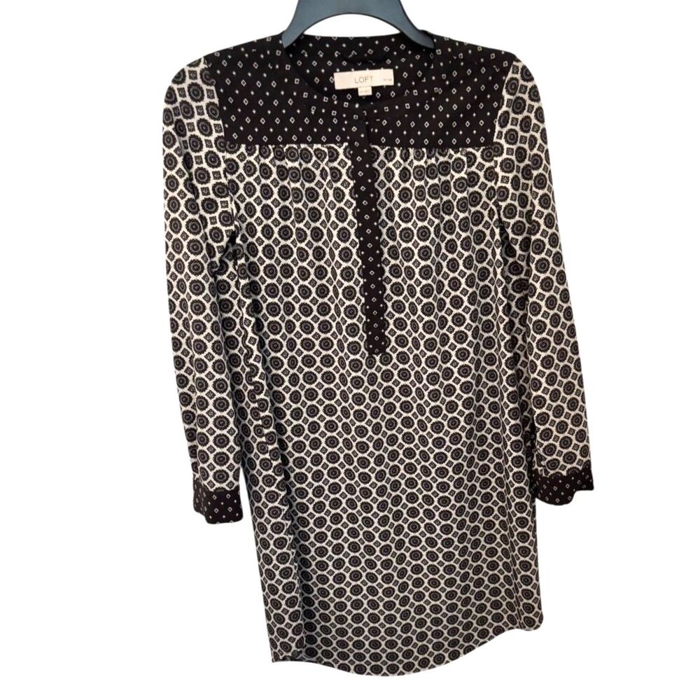 LOFT XS Petite Black & Cream Geometric Print Tunic Dress Boho Workwear